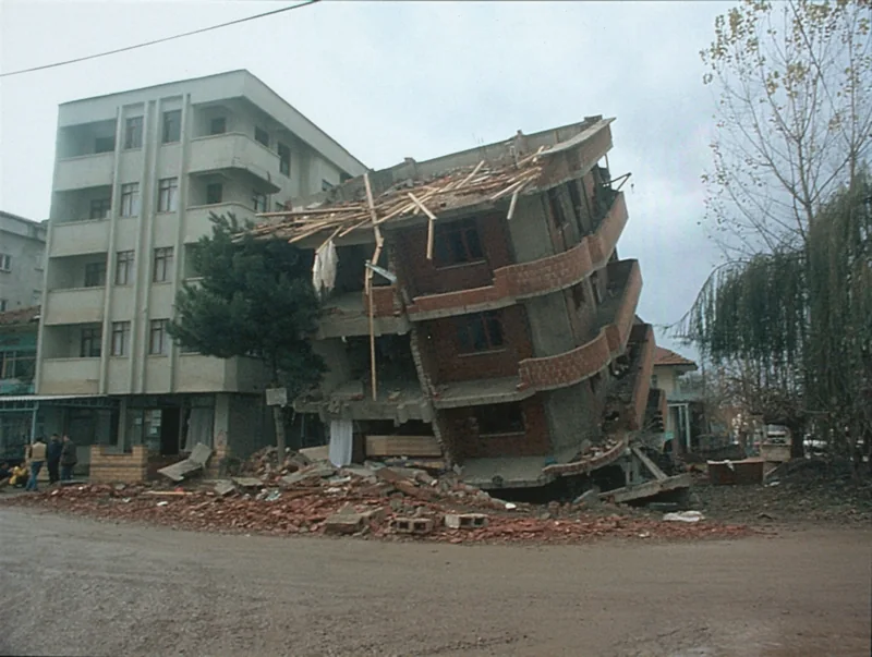 Building tilted after its ground floor collapsed on one side